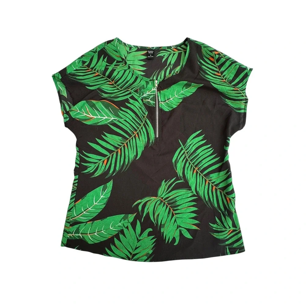 Emery‎ Rose Women's Black Green Palm Leaf Print Top & Pants Set - Size S